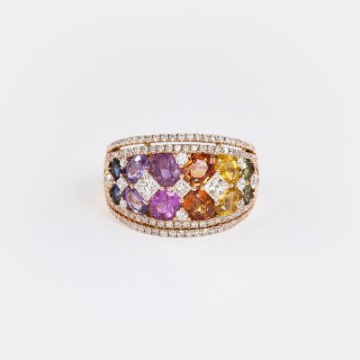 Bague jonc Rainbow or rose, saphirs multicolores & diamants