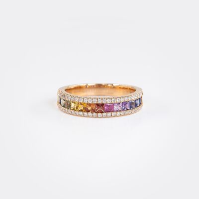 Bague Rainbow or rose, saphirs multicolores & diamants