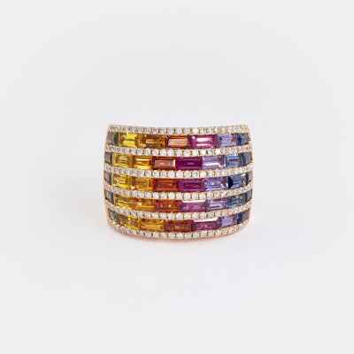 Bague jonc Rainbow or rose, saphirs multicolores & diamants
