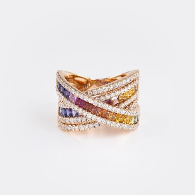 Bague Rainbow liens croisés or rose, saphirs multicolores & diamants