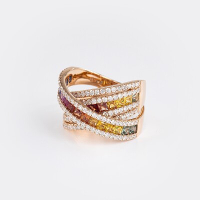 Bague Rainbow 3 arches or rose & saphirs multicolores