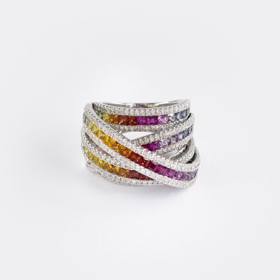 Bague Rainbow 5 arches or blanc, saphirs multicolores & diamants