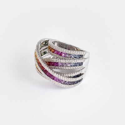Bague Rainbow 5 arches or blanc & saphirs multicolores