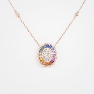 Collier Rainbow ovale or rose, saphirs multicolores & diamants