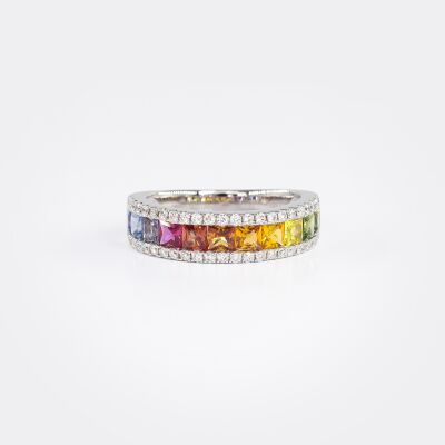 Bague Rainbow or blanc, saphirs multicolores & diamants