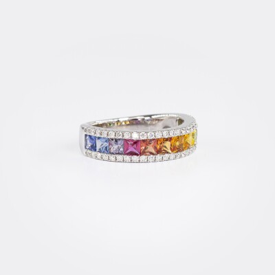 Bague Rainbow or blanc & saphirs multicolores