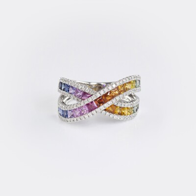Bague Rainbow liens croisés or blanc, saphirs multicolores & diamants