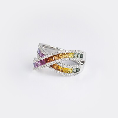 Bague Rainbow liens croisés or blanc & saphirs multicolores