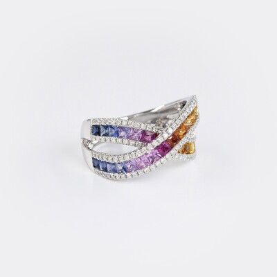 Bague Rainbow liens croisés or blanc & saphirs multicolores