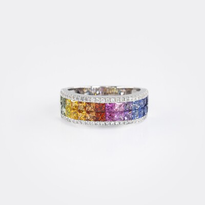 Bague Rainbow double rang or blanc, saphirs multicolores & diamants