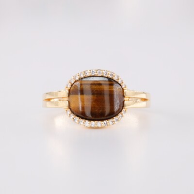 Bague or jaune, centre œil de tigre & diamants