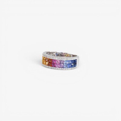 Bague Rainbow double rang or blanc & saphirs multicolores