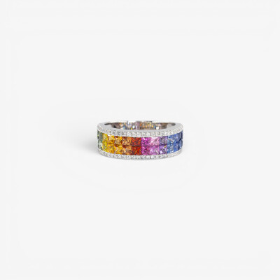 Bague Rainbow double rang or blanc & saphirs multicolores