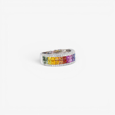 Bague Rainbow double rang or blanc & saphirs multicolores