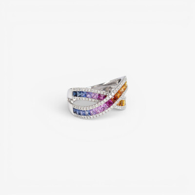 Bague Rainbow liens croisés or blanc & saphirs multicolores