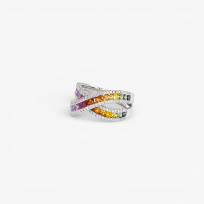 Bague Rainbow liens croisés or blanc & saphirs multicolores