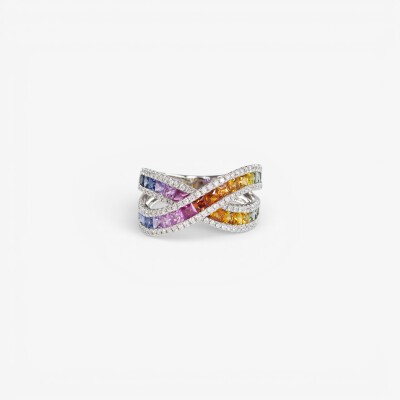 Bague Rainbow liens croisés or blanc & saphirs multicolores