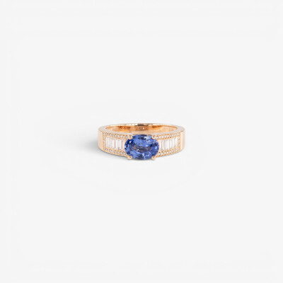 Bague 1930 or rose, saphir & diamants
