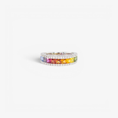 Bague Rainbow or blanc & saphirs multicolores