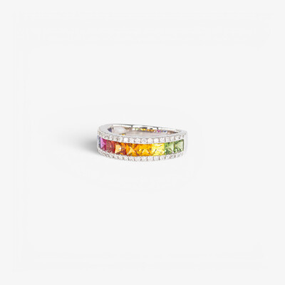 Bague Rainbow or blanc & saphirs multicolores