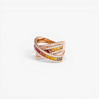 Bague Rainbow 3 arches or rose & saphirs multicolores