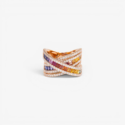 Bague Rainbow 3 arches or rose & saphirs multicolores