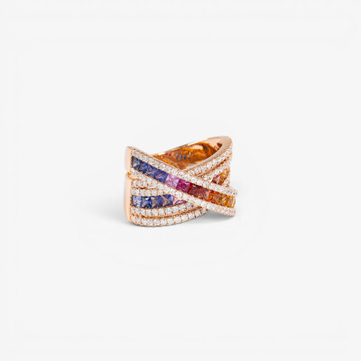 Bague Rainbow 3 arches or rose & saphirs multicolores