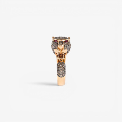 Bague Féline or rose, diamants bruns & rubis