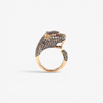 Bague Féline or rose, diamants bruns & rubis