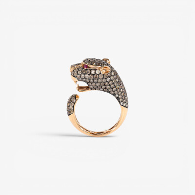 Bague Féline or rose, diamants bruns & rubis