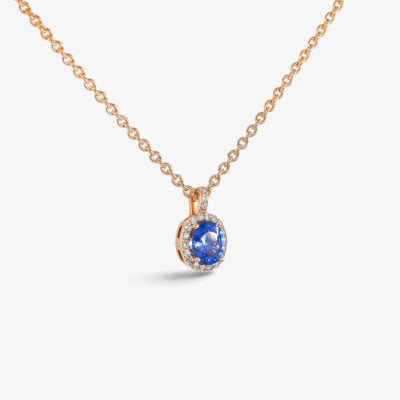 Collier or rose, saphir & diamants