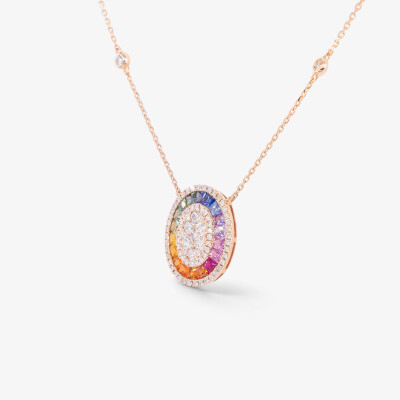Collier Rainbow Ovale or rose & saphirs multicolores