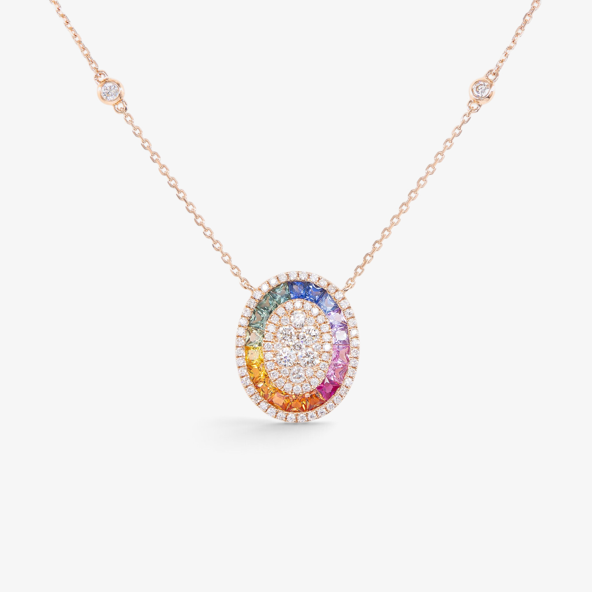 Collier Rainbow Ovale or rose & saphirs multicolores vue 1
