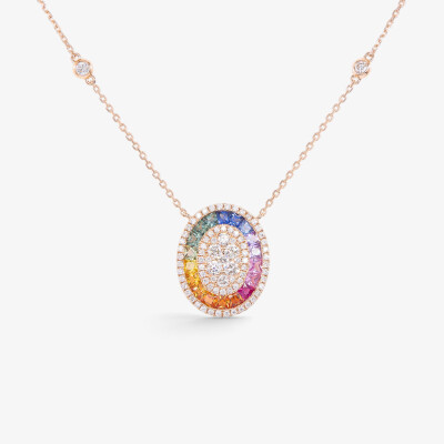 Collier Rainbow Ovale or rose & saphirs multicolores