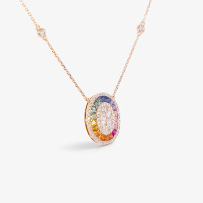 Collier Rainbow Ovale or rose & saphirs multicolores