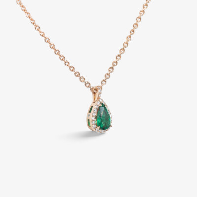 Collier Louis XV or rose, émeraude & diamants