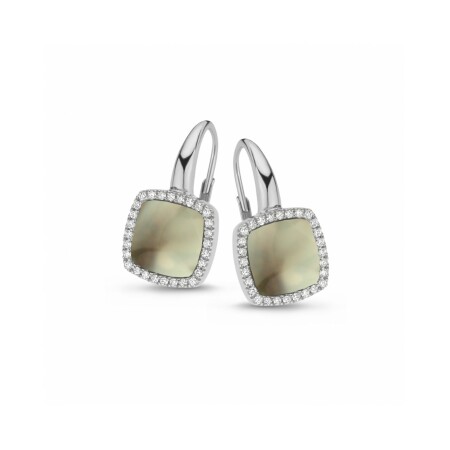 Boucles d'or. Pantelleria, prasiolite sur nacre et diamants ,or blanc 750/1000