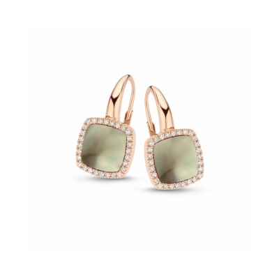 Boucles d'or. Pantelleria, prasiolite sur nacre et diamants, or rose 750/1000