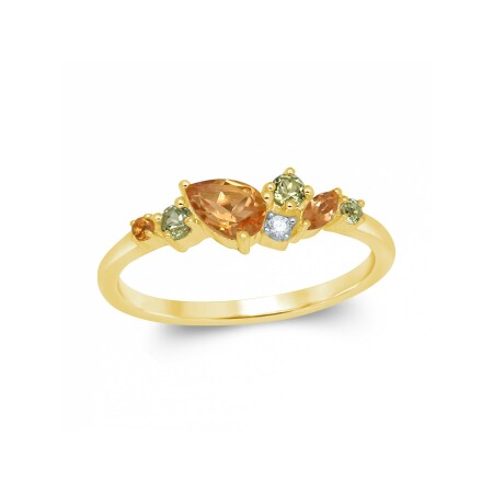 Bague citrine peridot et diamants, or jaune 750/1000