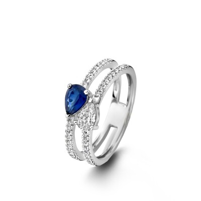 Bague multiples anneaux Au750 Or blanc 18 ct 38 Diamant(s) taille brillant 0.18 ct 1 Diamant(s) taille poire 0.26 ct Saphir Bleu 0.48 ct