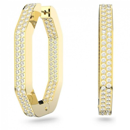 Anneaux d'oreilles Swarovski Dextera Forme octogonale, Pavé, Larges, Blanches, Placage de ton or