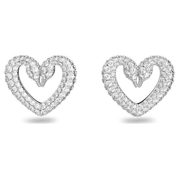 Clous d'oreilles Swarovski Una Pavé, Cœur, Medium, Blanches, Métal rhodié