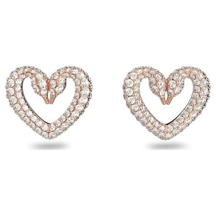 Clous d'oreilles Swarovski Una Pavé, Cœur, Medium, Blanches, Placage de ton or rosé