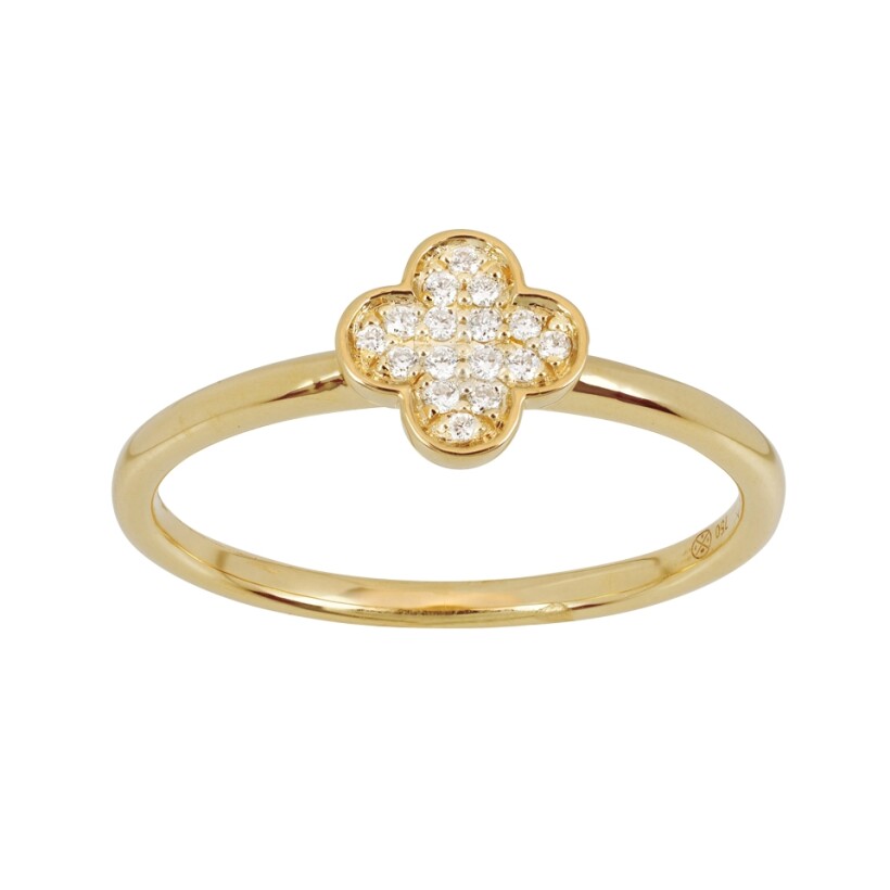 Bague motif Trèfle à 4 feuilles, diamants 0,06ct, Or jaune 18k