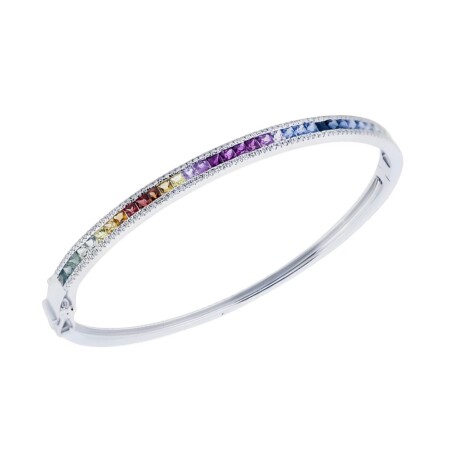 Bracelet rigide saphirs multicolores et diamants 0.45ct, or blanc