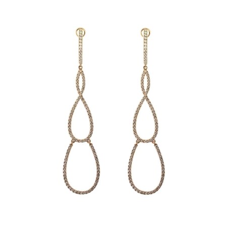 Boucles d\'oreilles longues en or rose, 3 gouttes entrelacées diamants