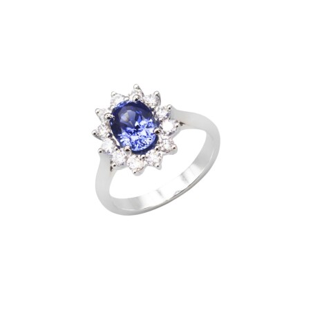 Bague saphir et diamants, or blanc palladié