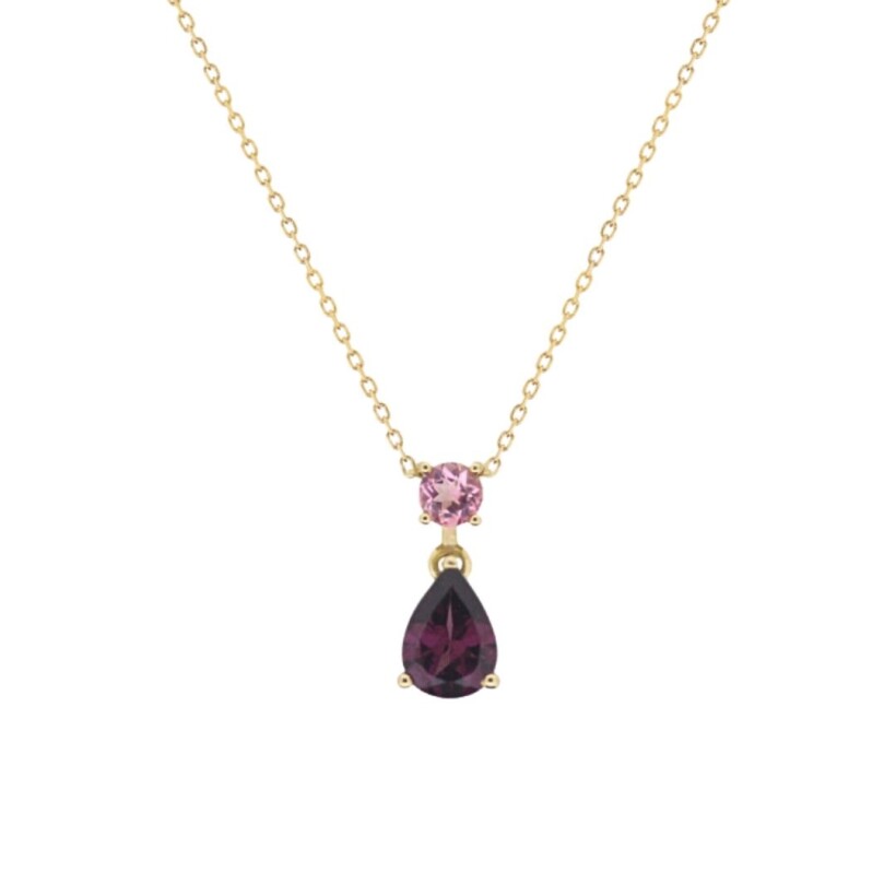 Collier rhodolite et tourmaline, or jaune