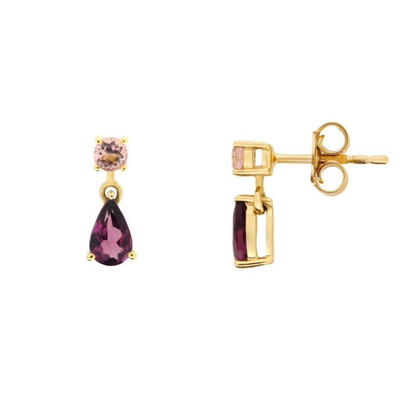 Boucles d\'oreilles tourmalines et rhodolites, or jaune