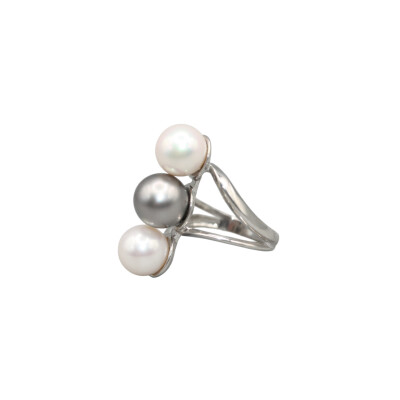 Bague Trilogie en argent 925 & 2 Perles d'eau douce et 1 Perle de Tahiti